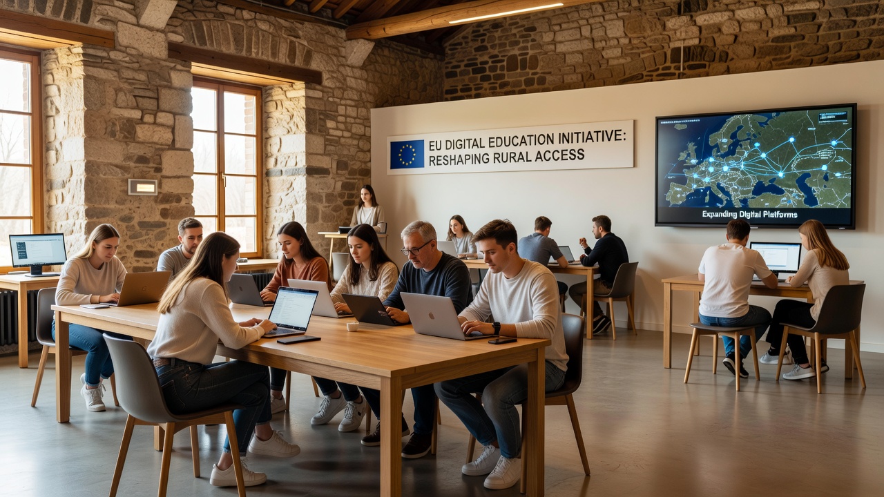Community center in a rural Eastern European village equipped with digital learning tools